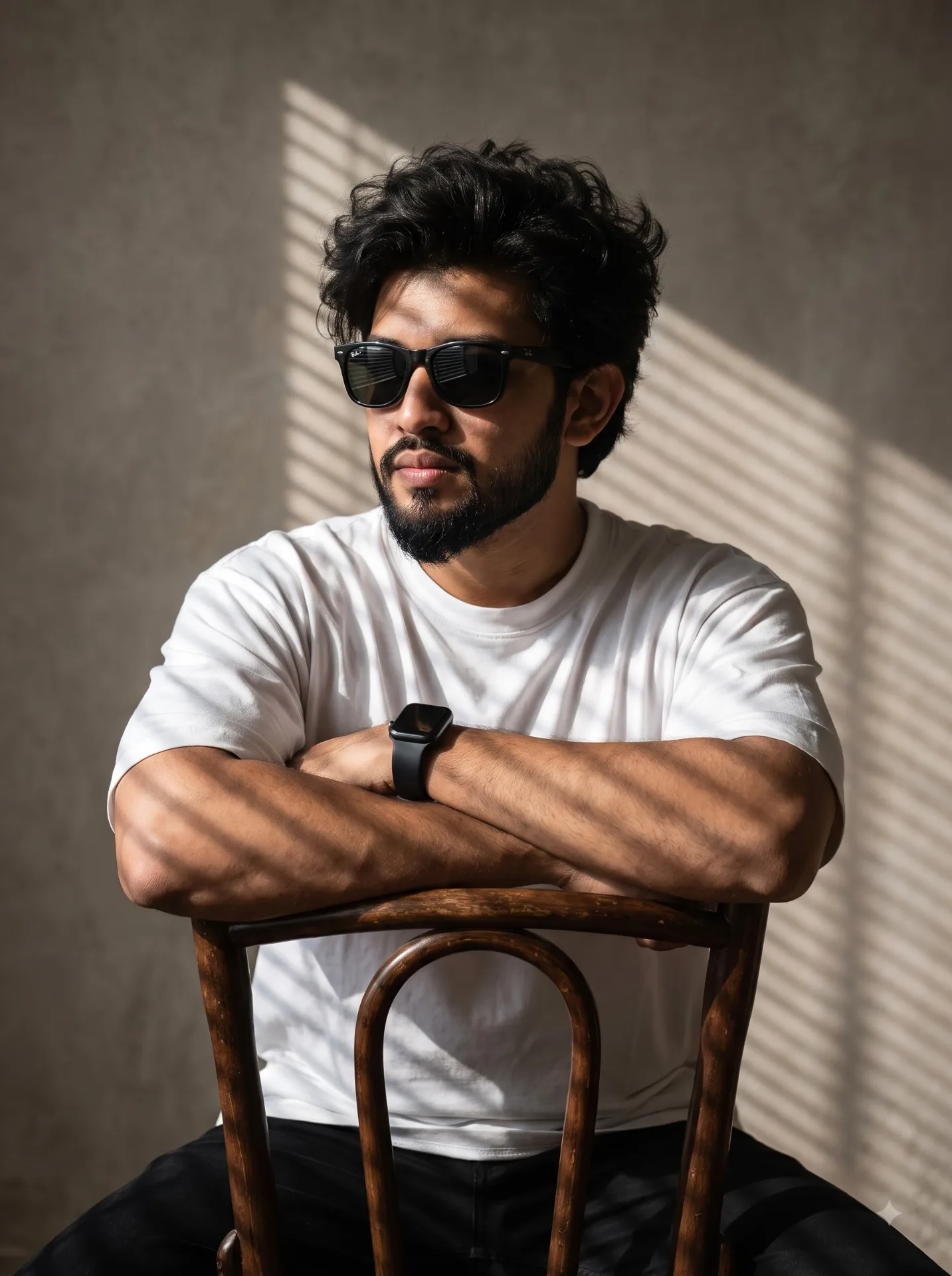 cinematic portrait of a young man with messy, voluminous dark hair