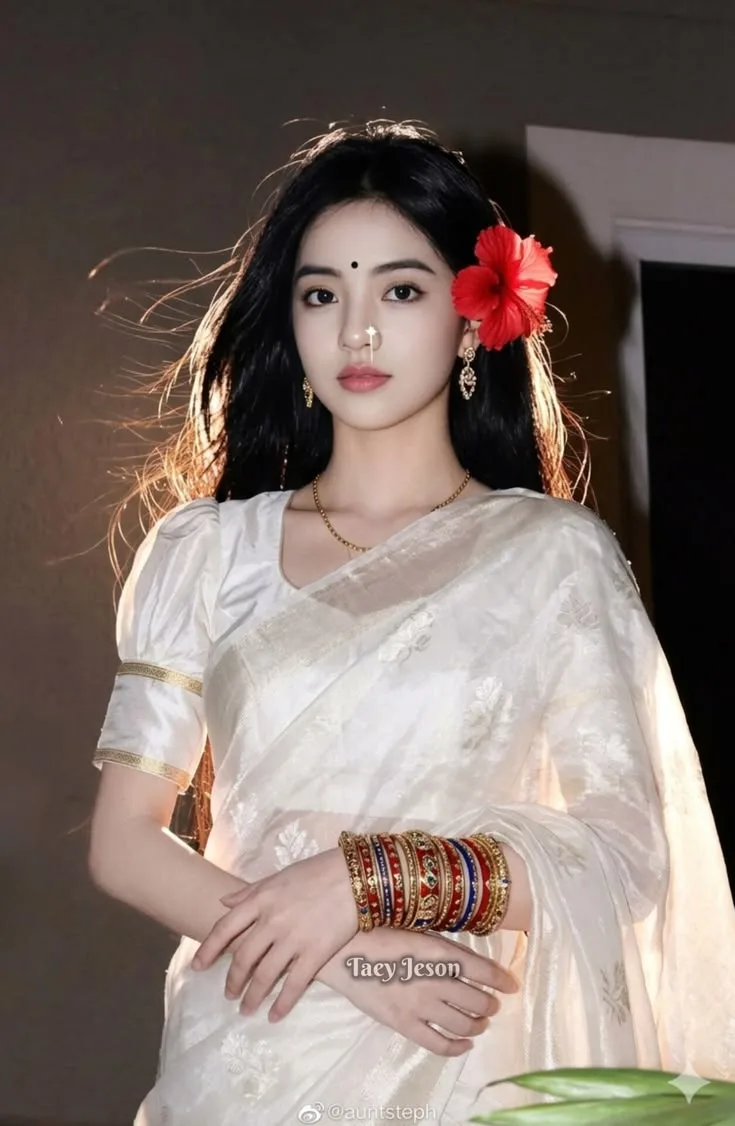 White Saree & Red Hibiscus Elegance 🌺🤍