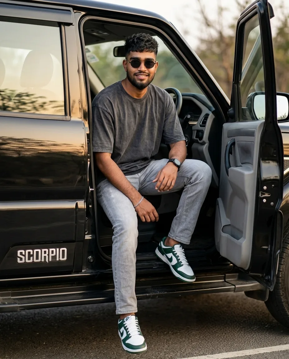 Black Scorpio SUV Doorstep Male Portrait in Acid-Wash Tee & Green Dunk Sneakers Prompt
