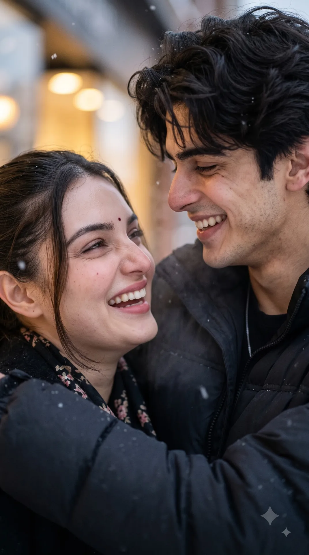 "Winter Snowfall Street Editorial Couple Portrait"