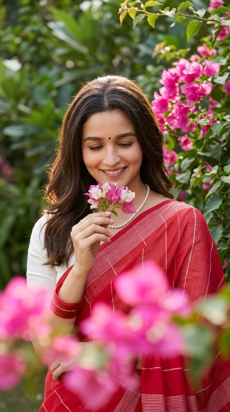 🌸❤️ Red Saree Flower Portrait — Warm Instagram Aesthetic AI Photo Prompt 📸✨