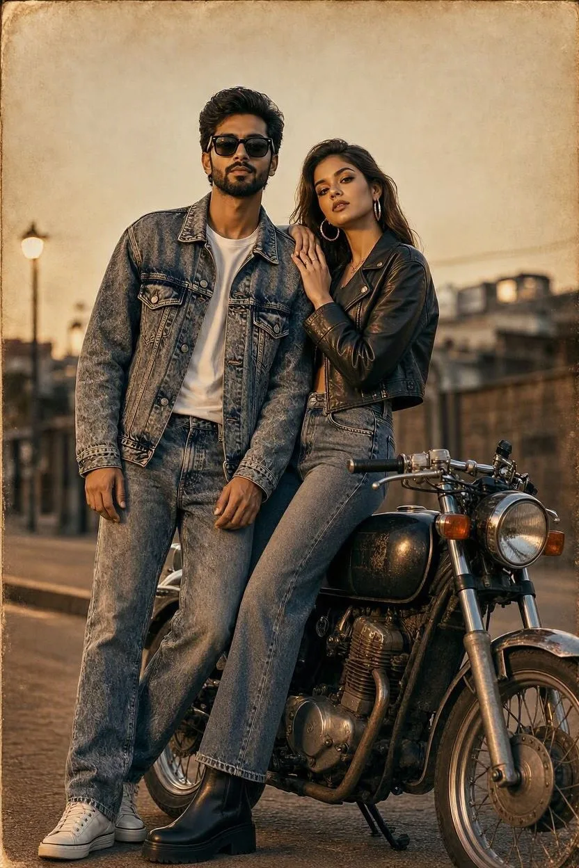 Golden Hour Retro: Modern South Asian Couple with 1990s Denim and Leather Vibe