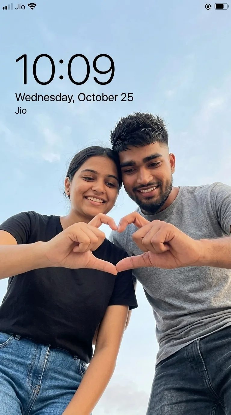 Romantic Couple Low-Angle Hand-Heart Gesture Portrait Under Blue Sky Prompt