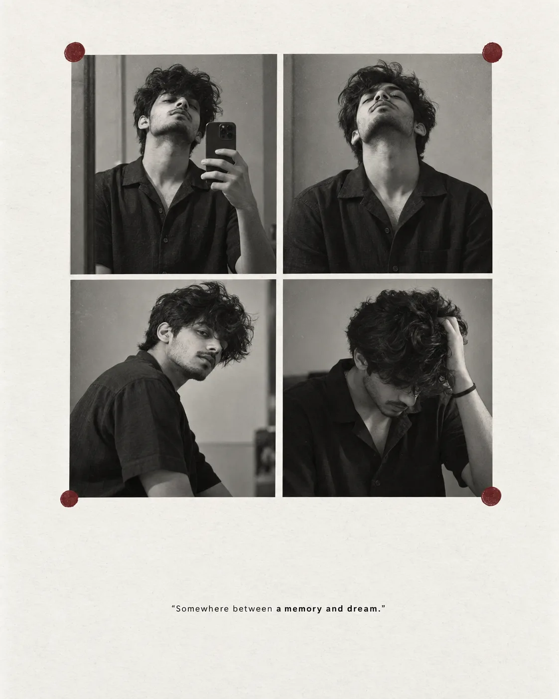 Ultra realistic cinematic 4 panel black and white portrait of a young man