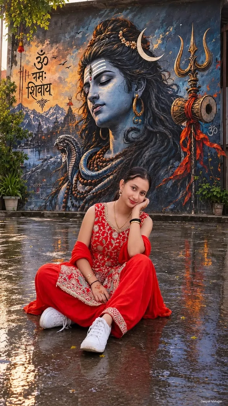 Divine Shiva Mural – Red Traditional Outfit Portrait