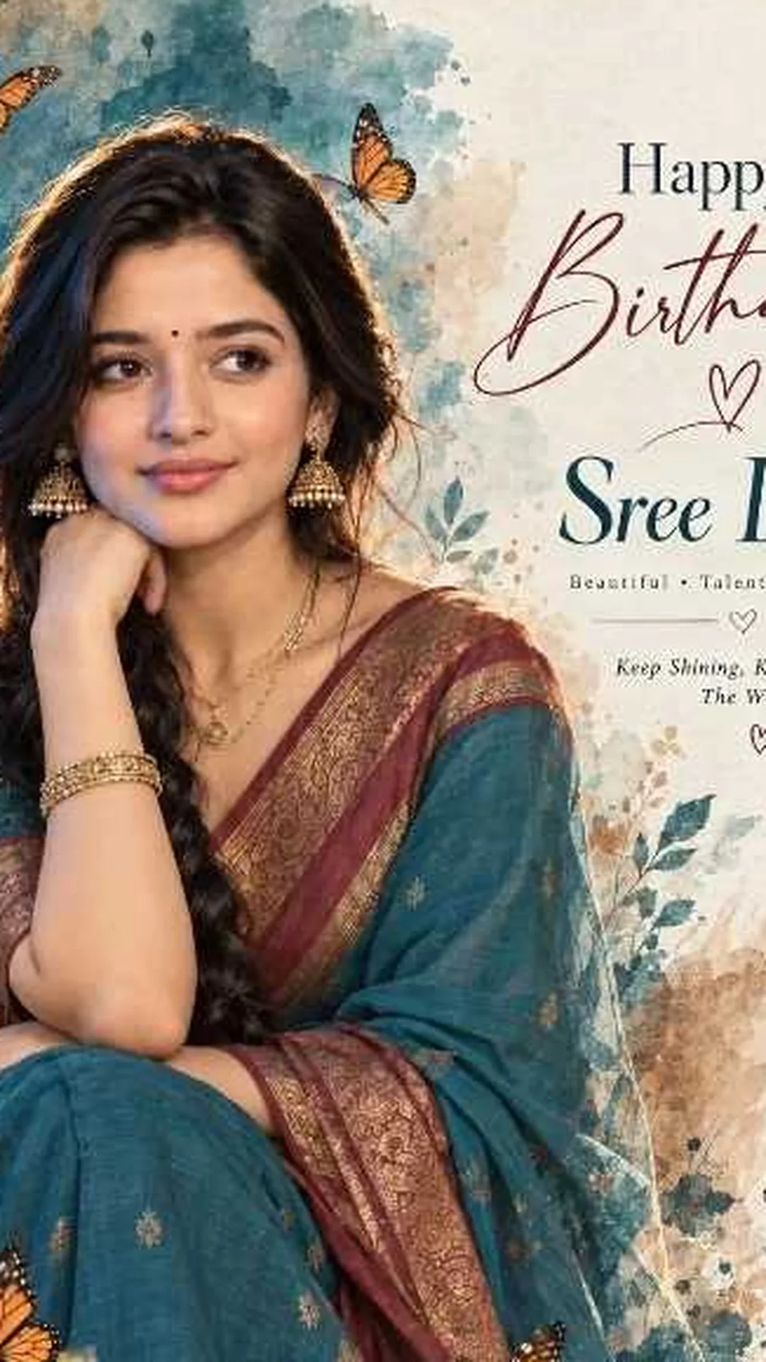 Happy Birthday Sree Leela - Elegant Saree Portrait with Butterfly Watercolor