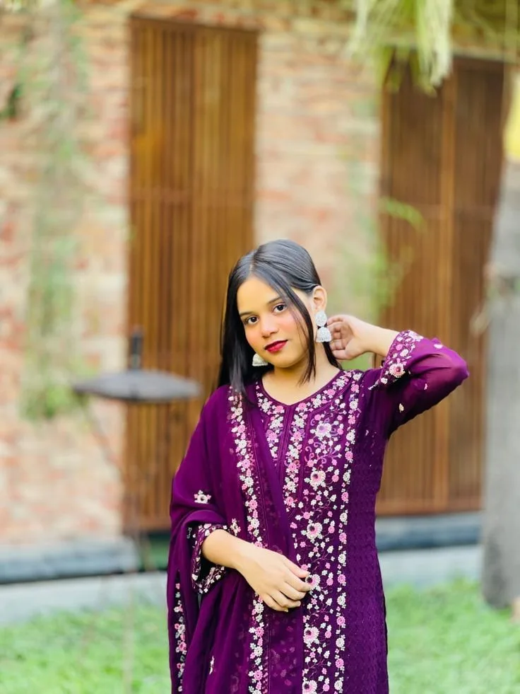 Candid Outdoor Portrait of Young Woman in Deep Purple Embroidered Kurti