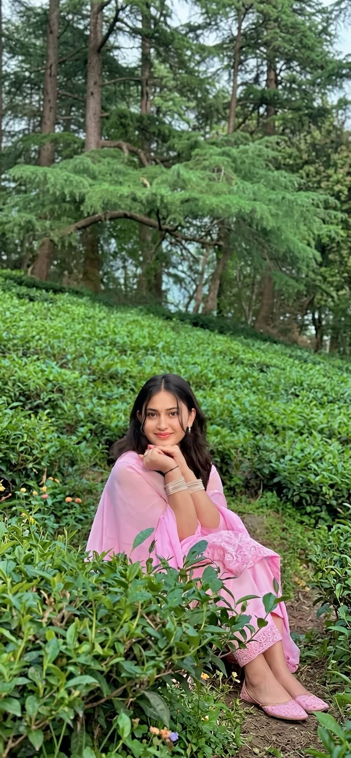 Candid Outdoor Portrait of Young Woman Seated on Lush Green Hillside