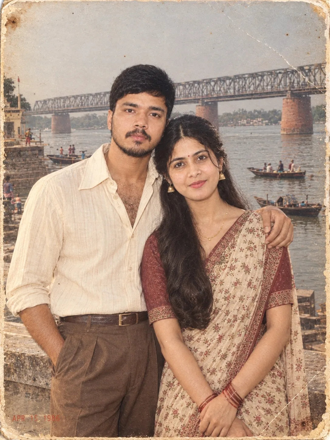 Vintage 1980s Retro Indian Couple Portrait by Riverfront Ghat with Steel Bridge Prompt