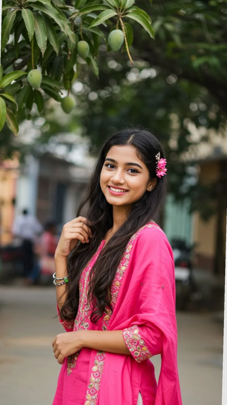 Candid Outdoor Street Portrait of Indian Woman in Pink Kurti