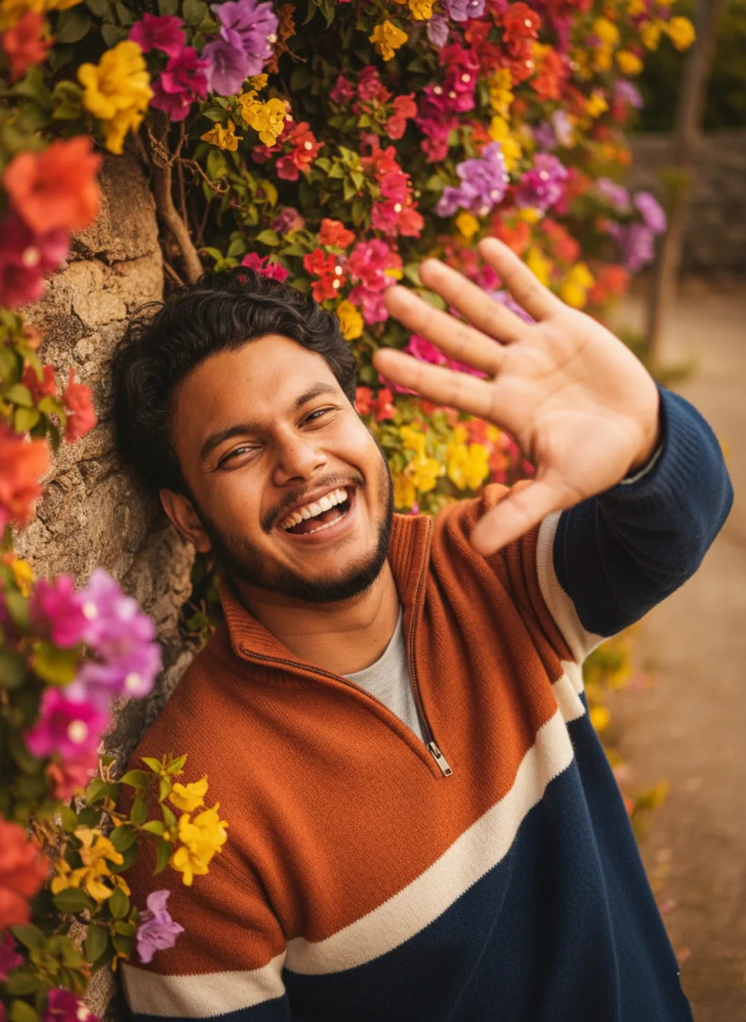**Joyful Young Man Waving by Vibrant Bougainvillea Wall