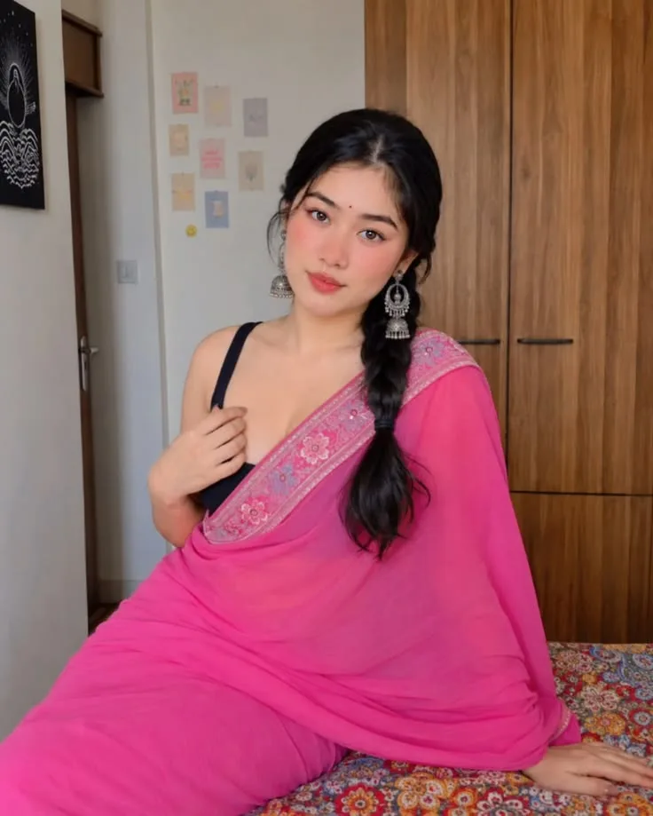Indoor Portrait of Young Indian Woman in Pink Saree with Jhumkas