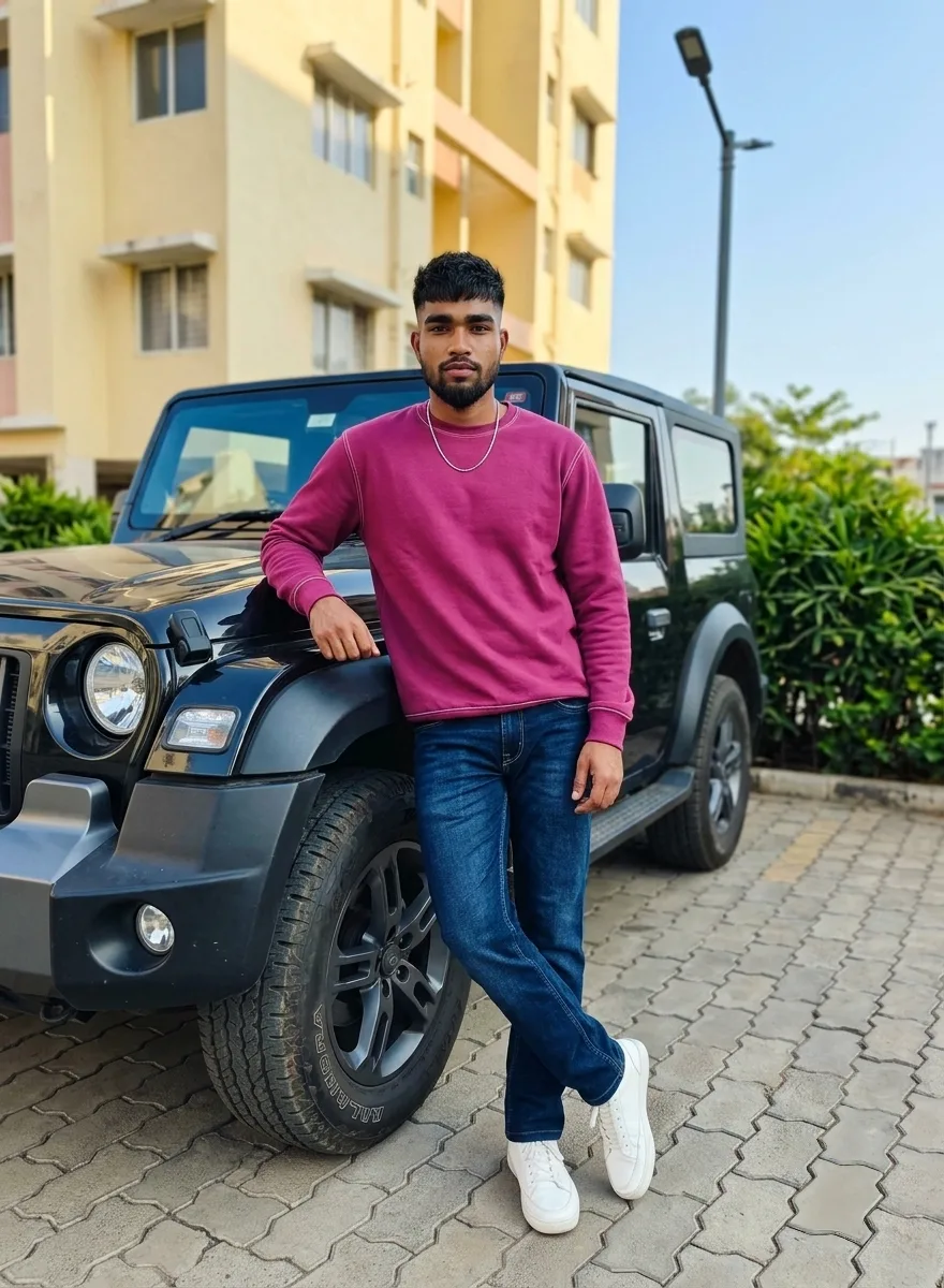 Black Mahindra Thar 4x4 Male Portrait in Magenta Sweatshirt & Silver Chain Prompt
