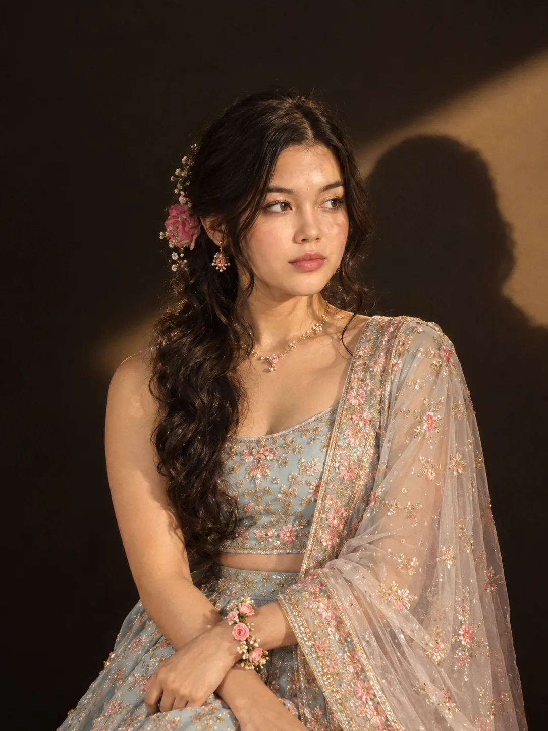 Elegant portrait of a woman in soft spotlight against a dark background
