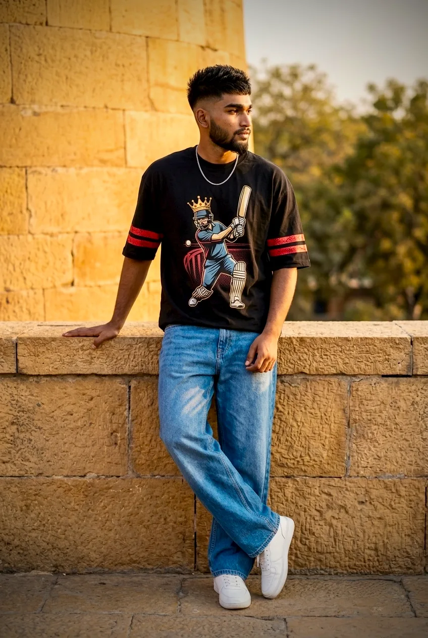 Confident Young Man Leaning on Fort Stone Wall in Cricket Graphic Tee Prompt