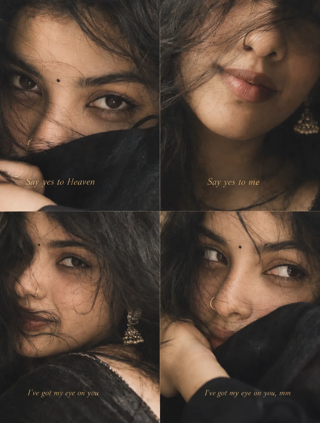 Ultra realistic cinematic 4 panel eyes portrait of a young girl