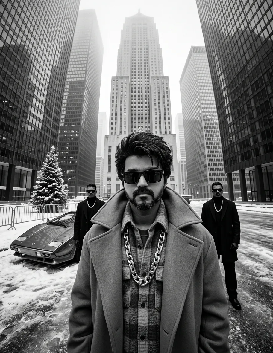 High-contrast black-and-white urban editorial