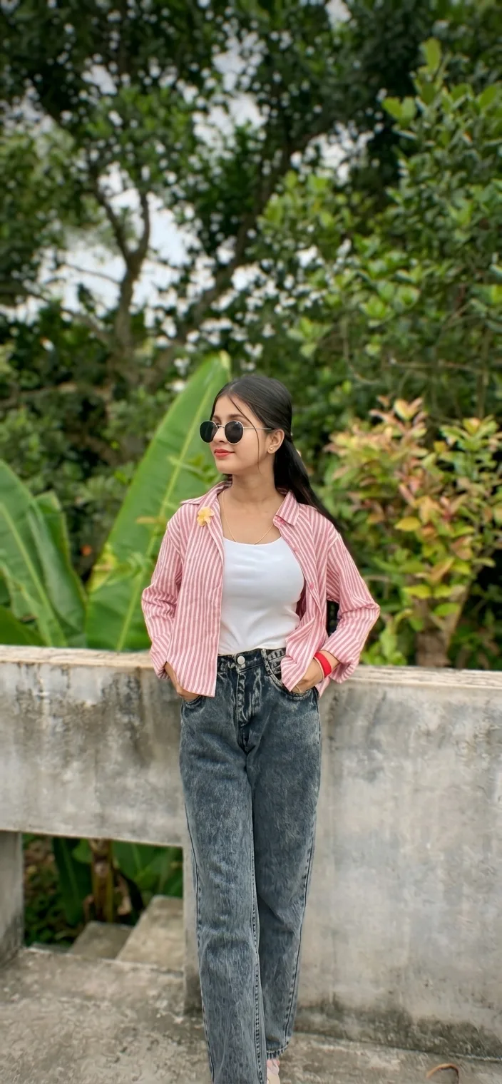 Candid Outdoor Streetwear Portrait of Young Woman Against Rooftop Balcony