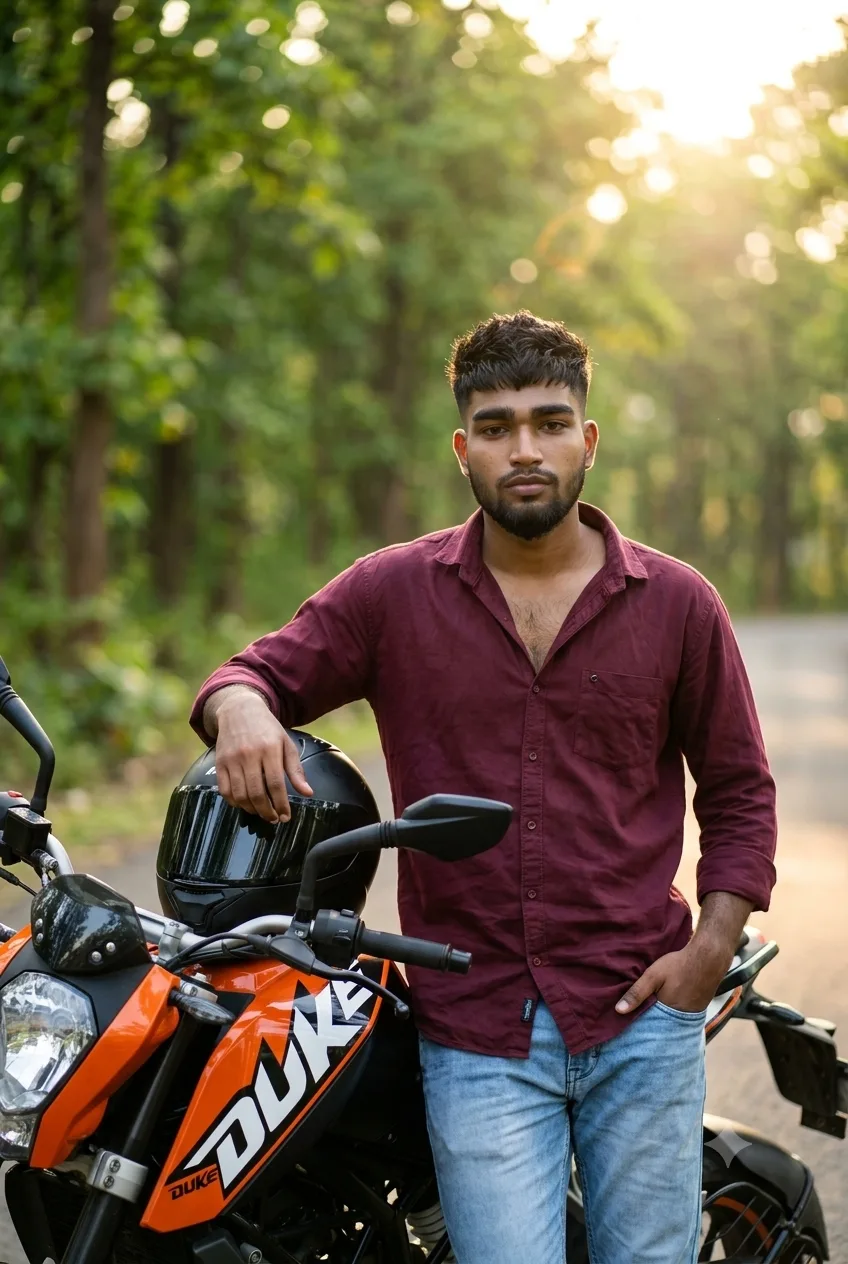 Golden Hour Biker Portrait Leaning on KTM Duke Motorcycle Prompt