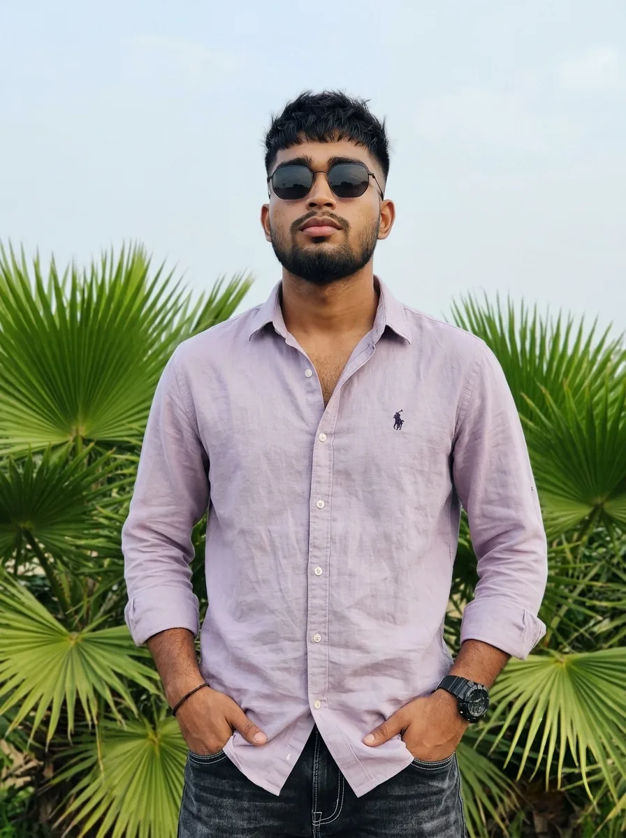 Tropical Palm Oasis Male Portrait in Lavender Linen Shirt & Dark Sunglasses Prompt