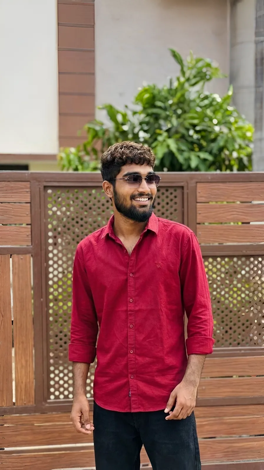 Candid Outdoor Street Portrait of Young Man in Crimson Button-Down Shirt
