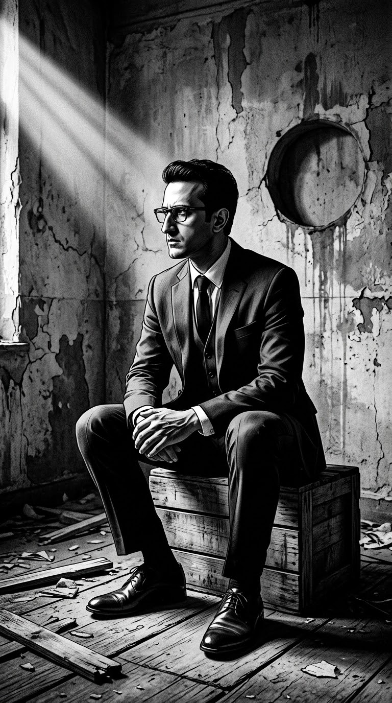 Art dark tailored three-piece suit white shirt and black tie