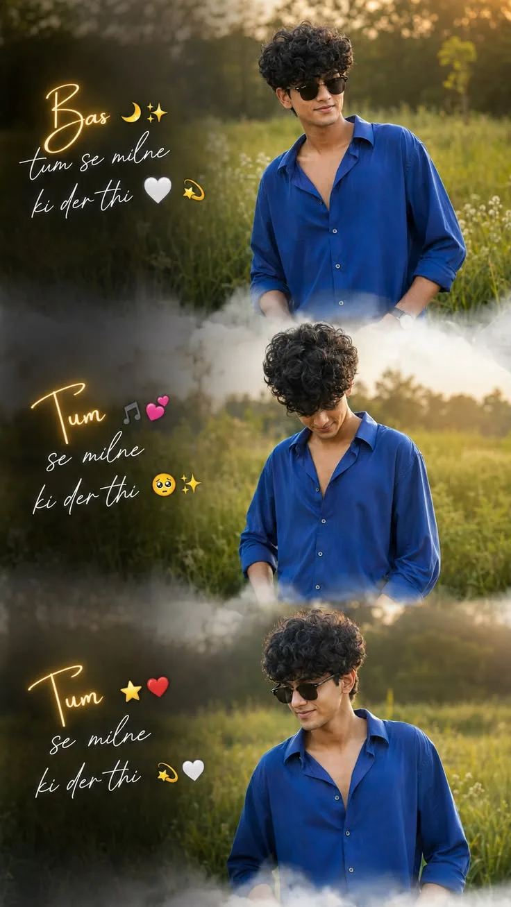 Three-Panel Golden Hour Collage of Young Man in Royal Blue Shirt