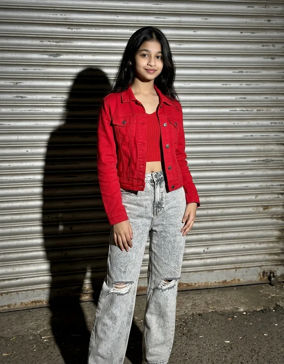 Streetwear Female Portrait in Red Denim Jacket & Acid-Wash Jeans Prompt