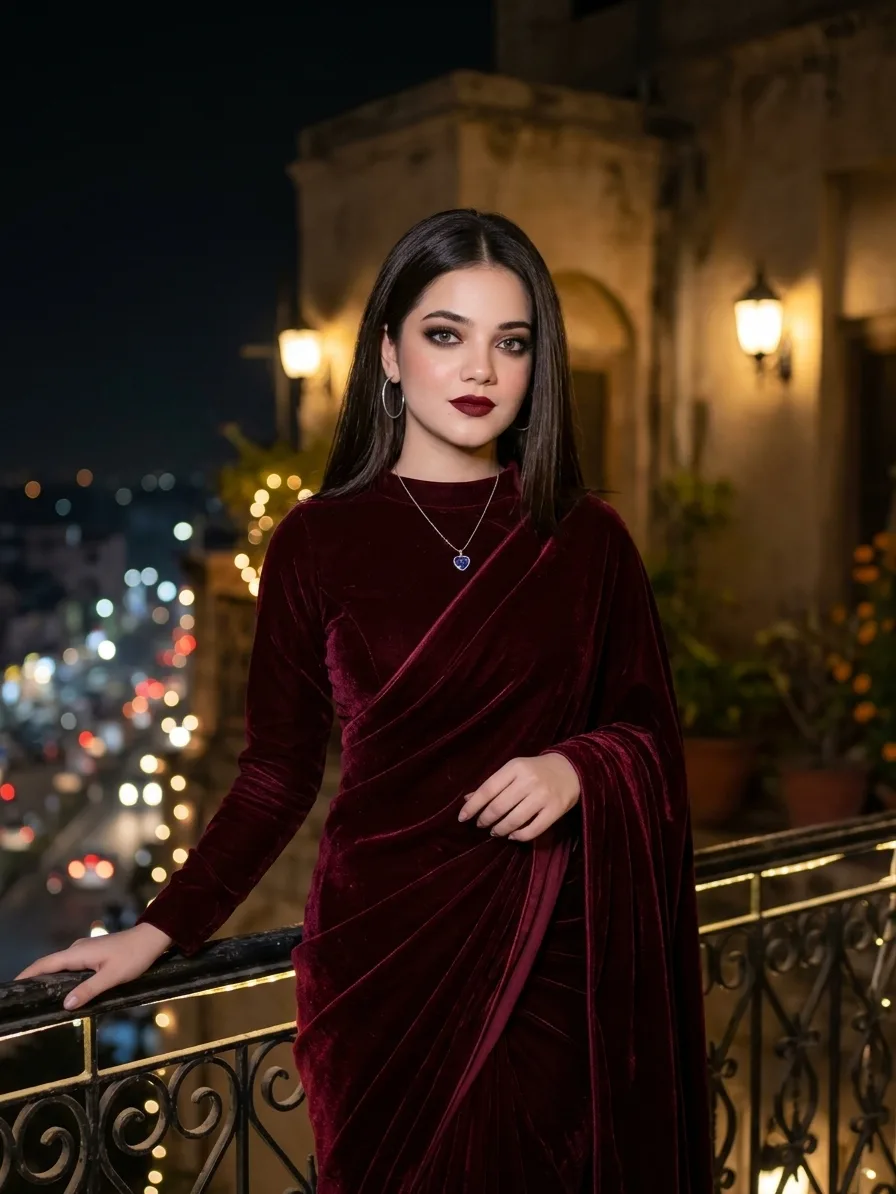 Glamorous Deep Valvet Evening Saree on Earban Night Balcony