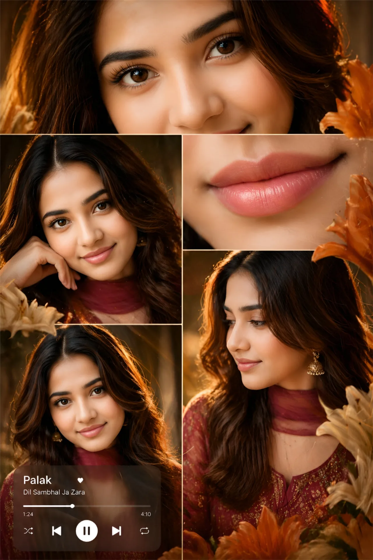 Romantic aesthetic scrapbook collage of a South Asian woman with warm lighting, orange floral accents, and a music playe