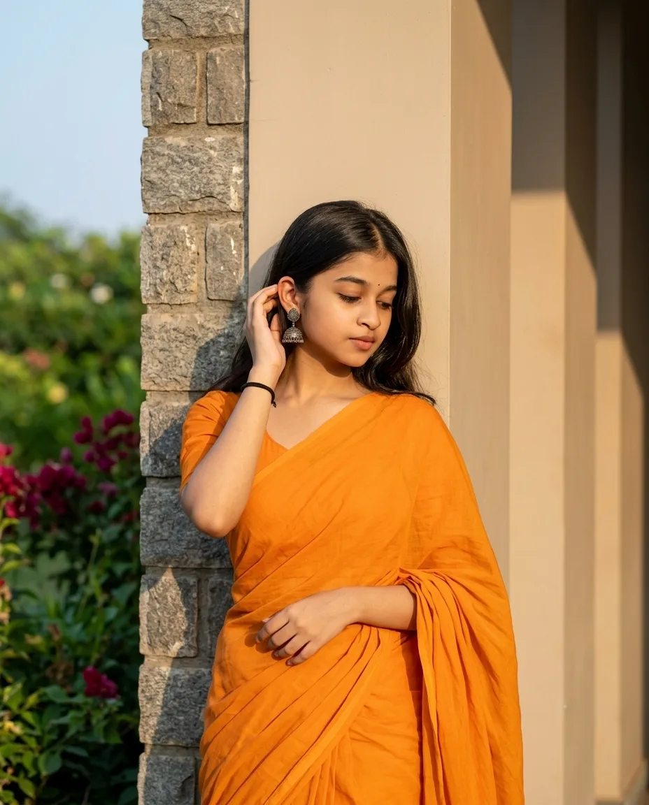 Golden Hour Indian Female Portrait in Ochre Yellow Saree by Stone Pillar Prompt