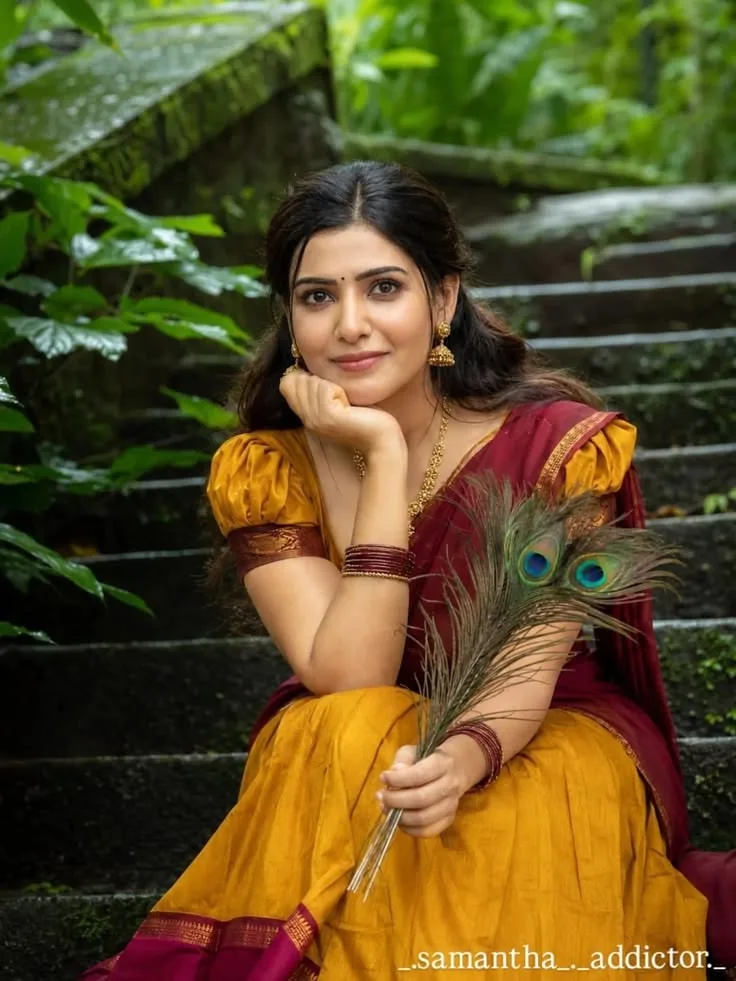 Traditional Half Saree Temple Steps Portrait