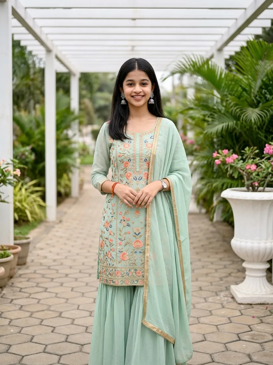 Elegant Indian Ethnic Female Portrait in Sea-Green Embroidered Sharara Suit Prompt