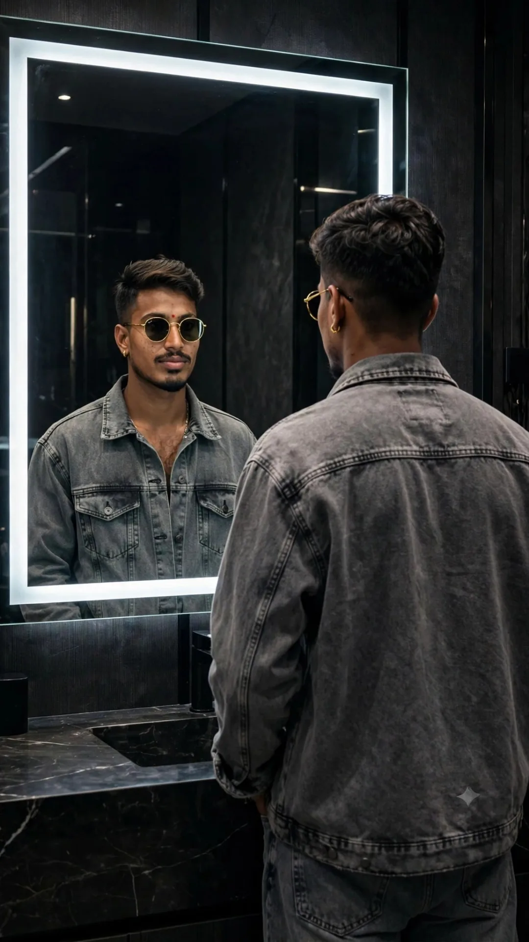 Grey Denim Mirror Reflection - Gold Sunglasses Luxury Look 8K Same Face`