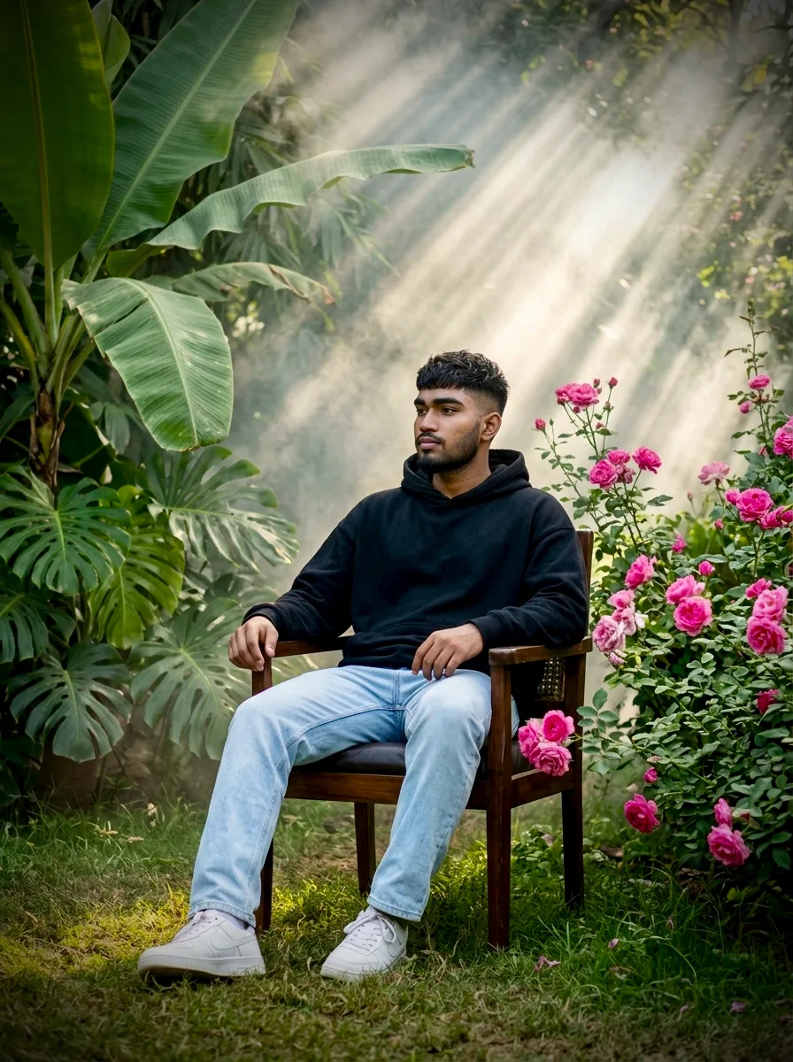 Cinematic Garden Portrait of Young Man Under Sunbeams in Black Hoodie Prompt