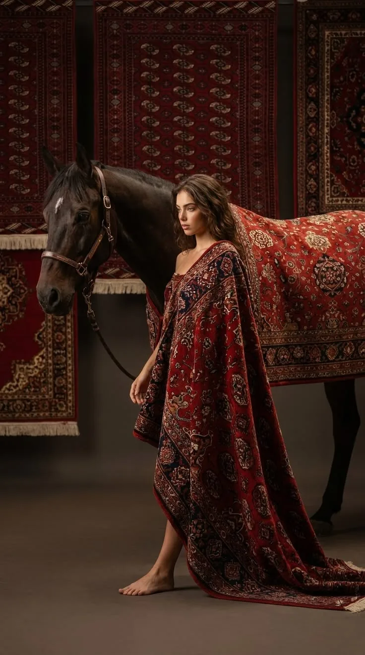 Crimson Carpet Elegance — Woman & Horse