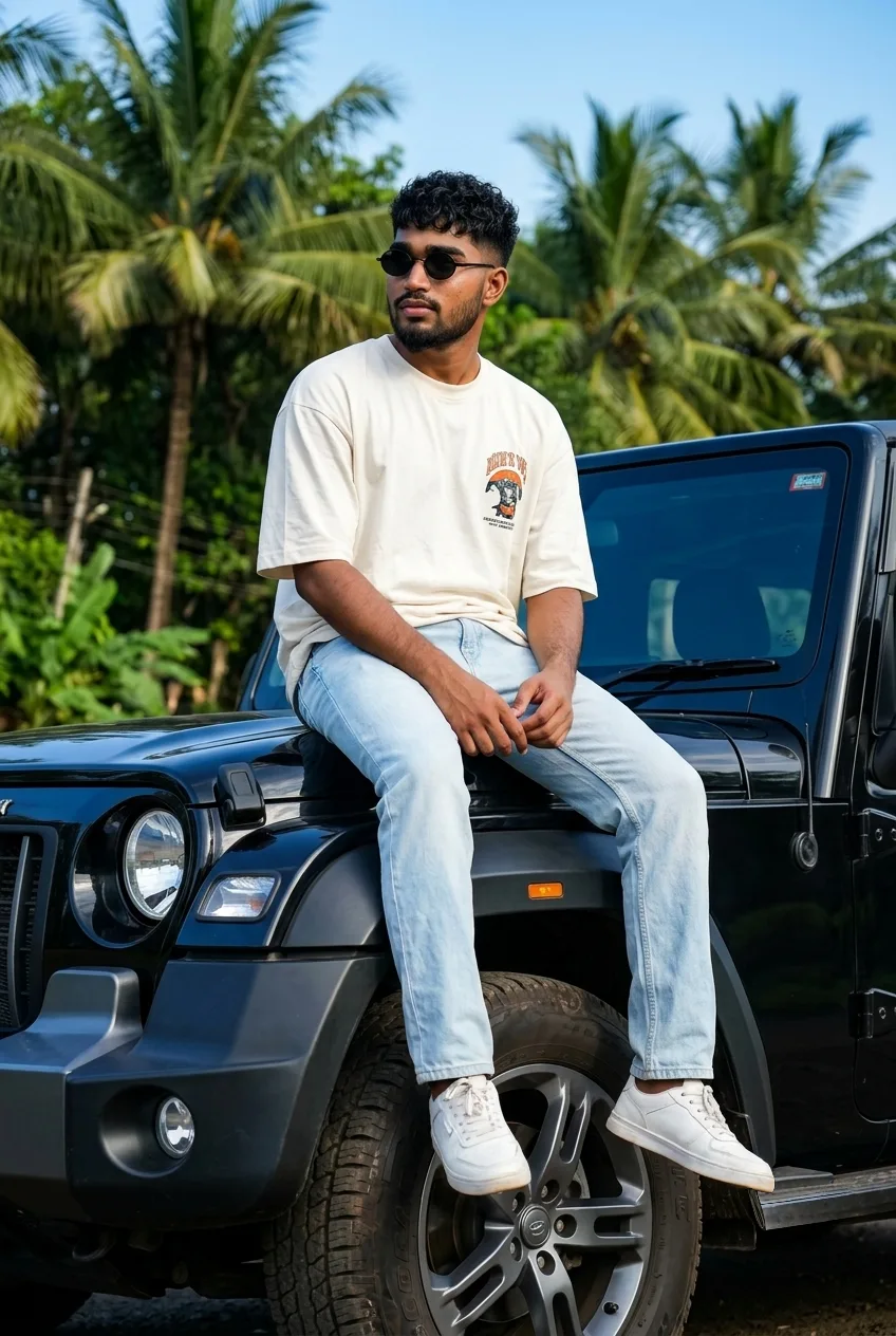 Black 4x4 Thar Hood Seated Male Portrait in Cream Tee & Light Denim Prompt