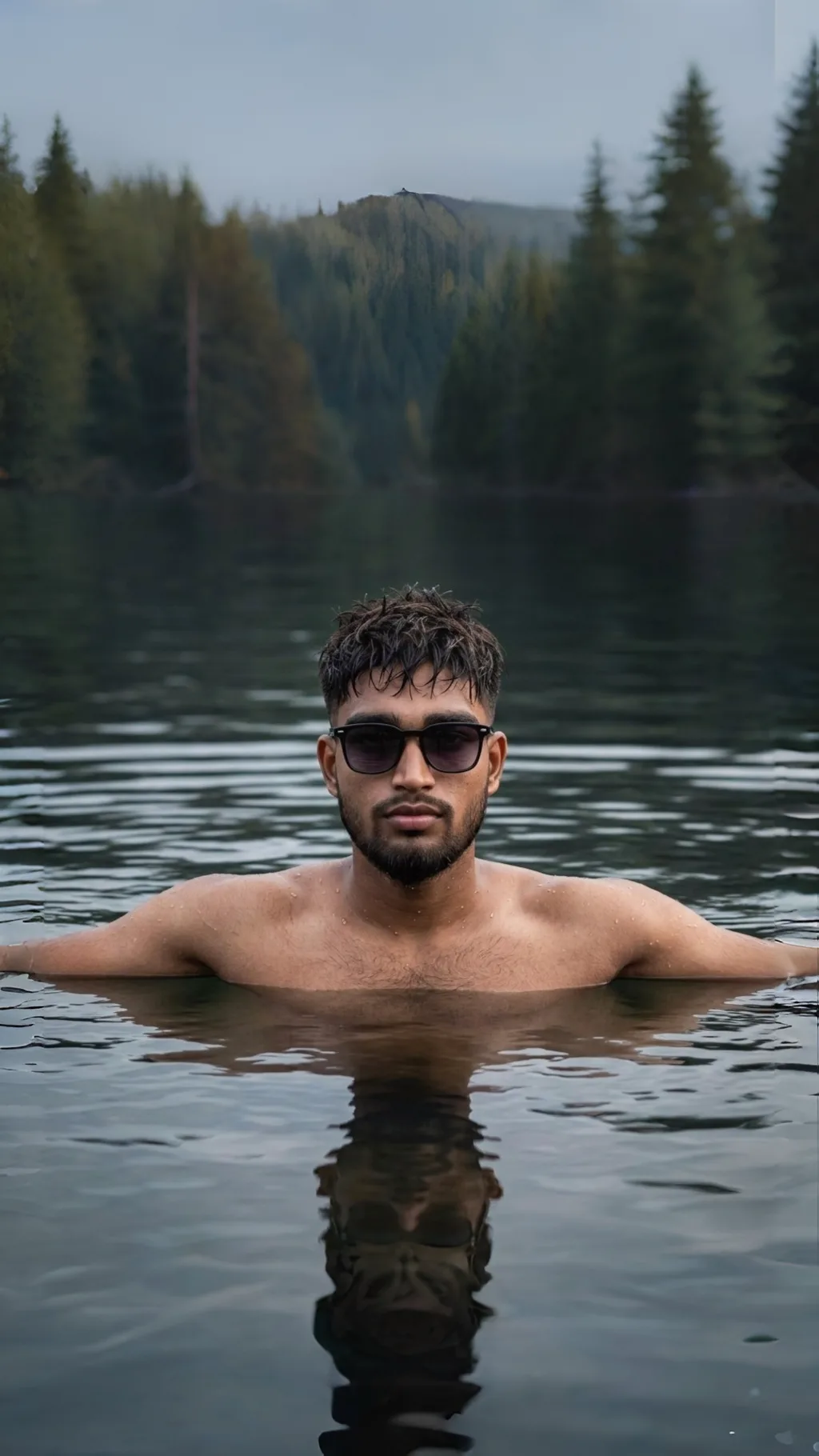 Candid Lake Portrait of Man in Water with Forest Reflection