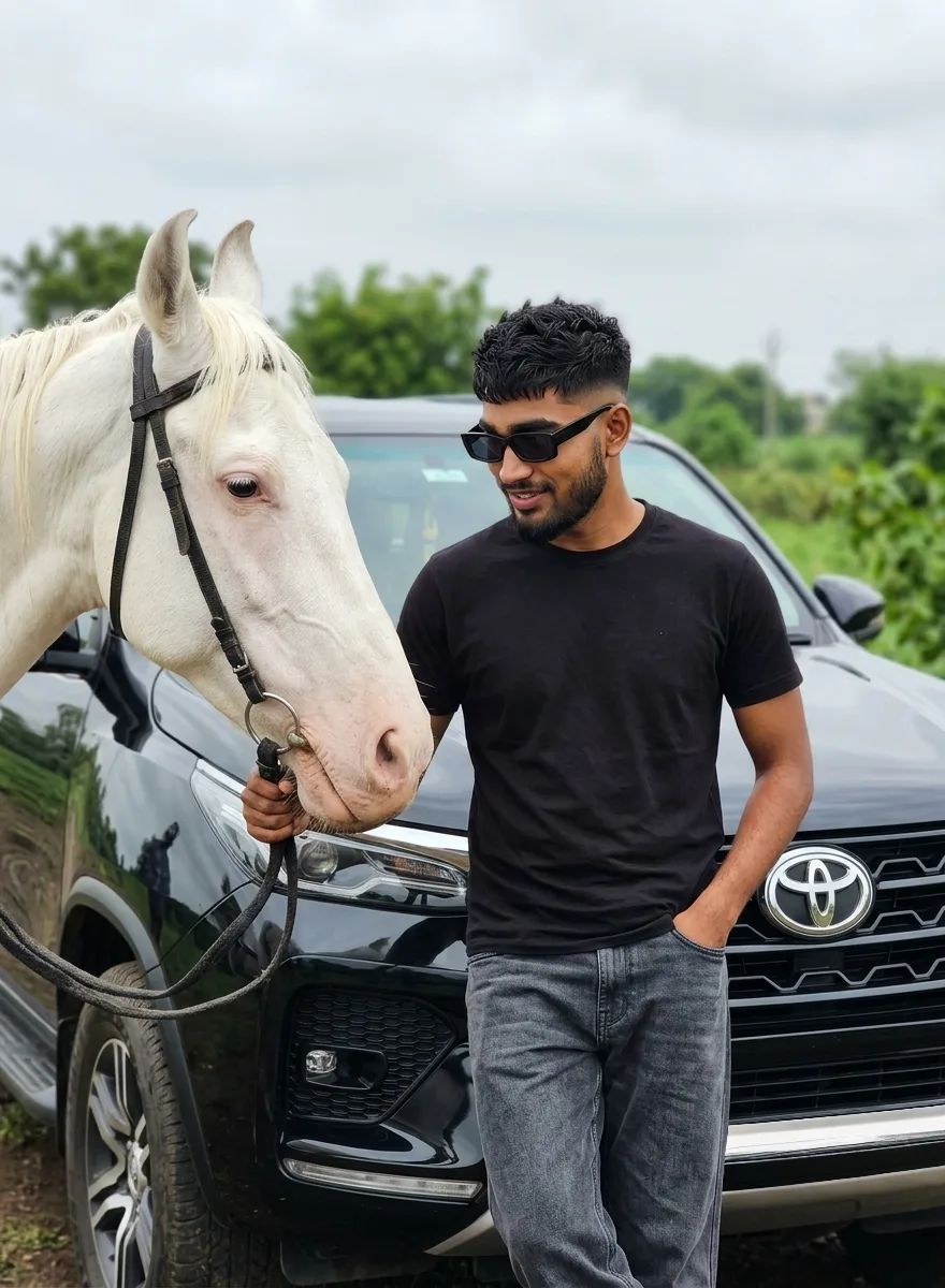 Rural Lifestyle Male Portrait with White Horse & Black SUV Prompt