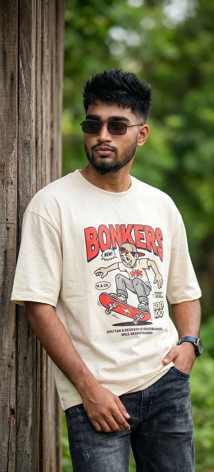 Rustic Wooden Wall Male Portrait in Cream Skater Graphic Oversized Tee Prompt