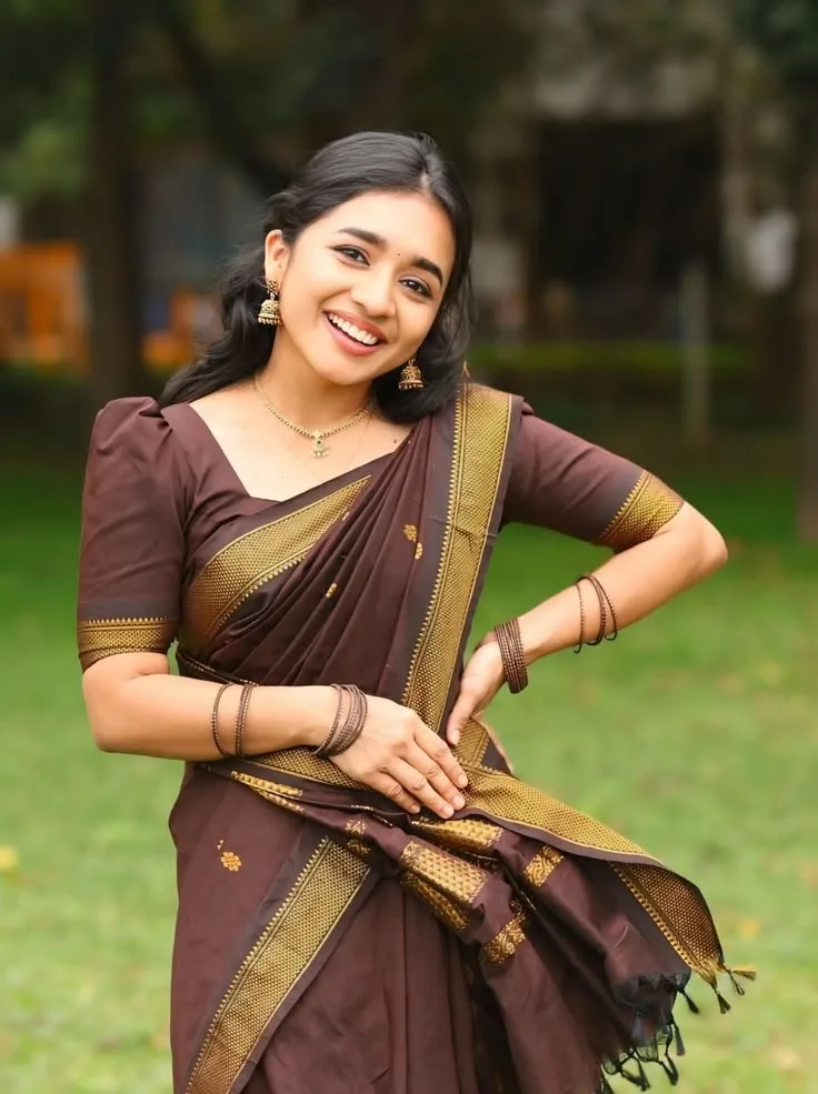 Traditional Silk Saree Ethnic Portrait, Golden Zari Brown Saree Aesthetic, Graceful Outdoor Indian Saree Portrait