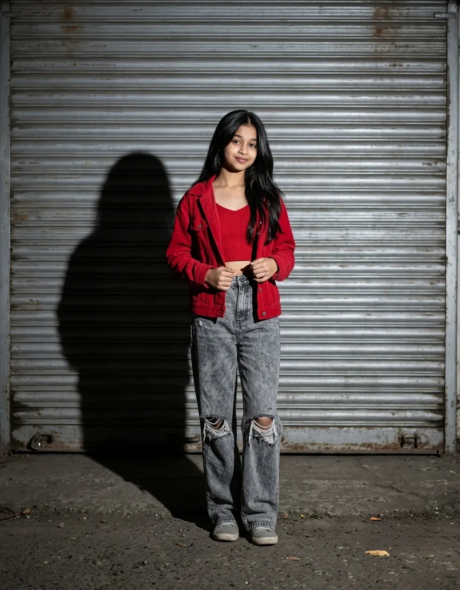 Streetwear Female Portrait in Red Denim Jacket & Acid-Wash Jeans Prompt