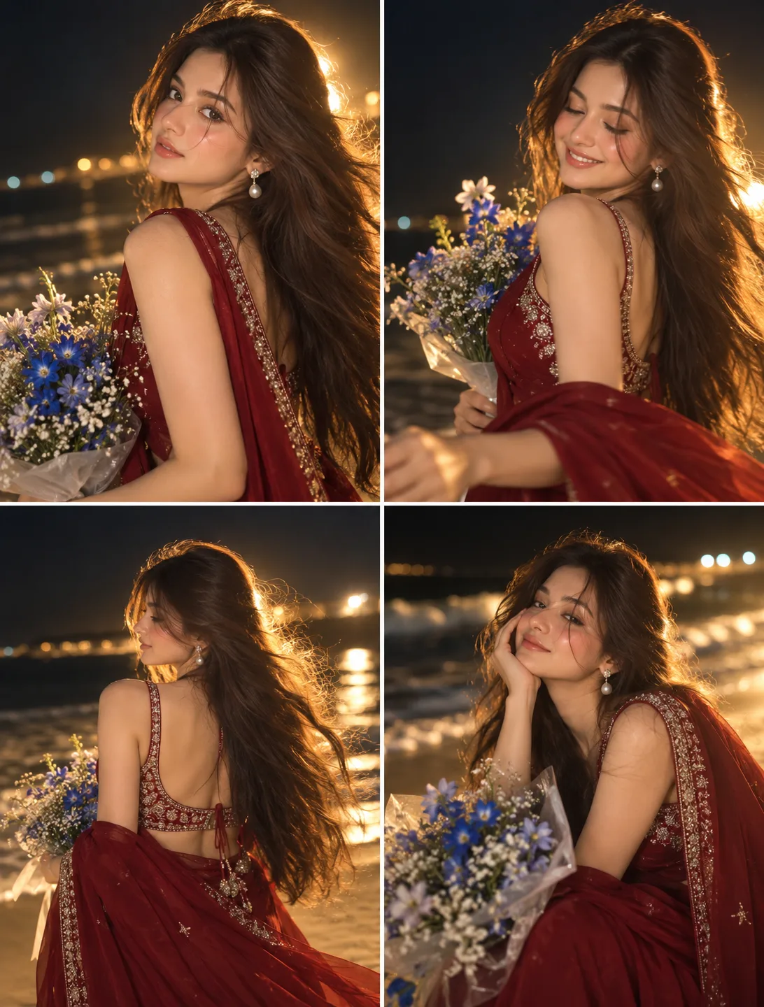 Ultra realistic 4 panel portrait of a young beautiful lady