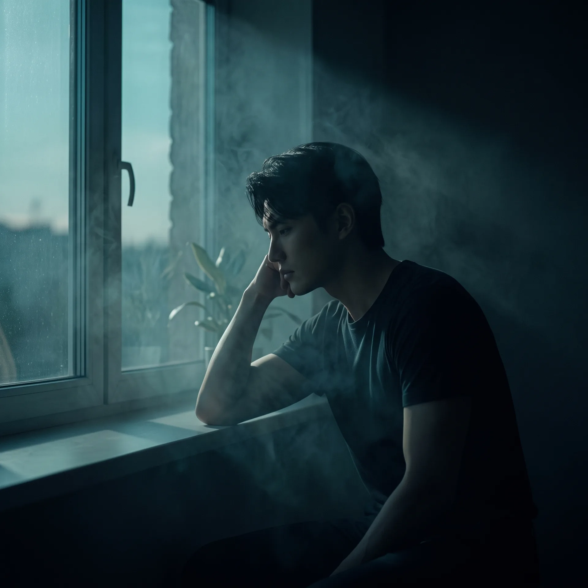 Teal Dusk — Cinematic Window Silhouette