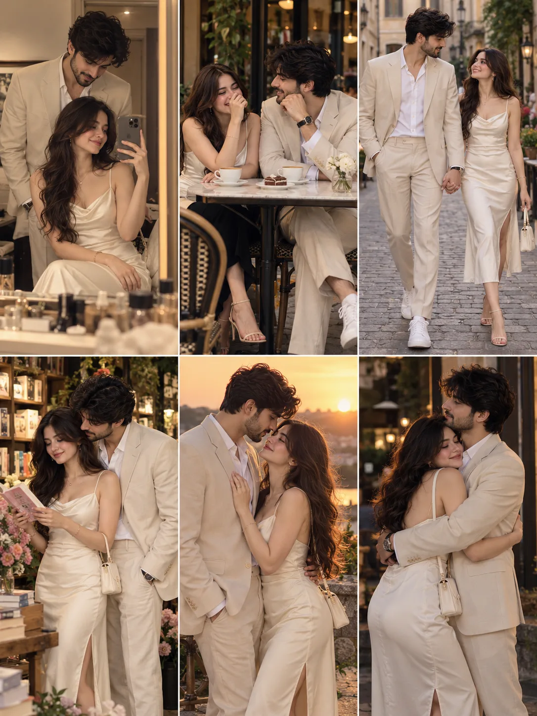 Ultra realistic cinematic candid 6 panel portrait of a young romantic couple