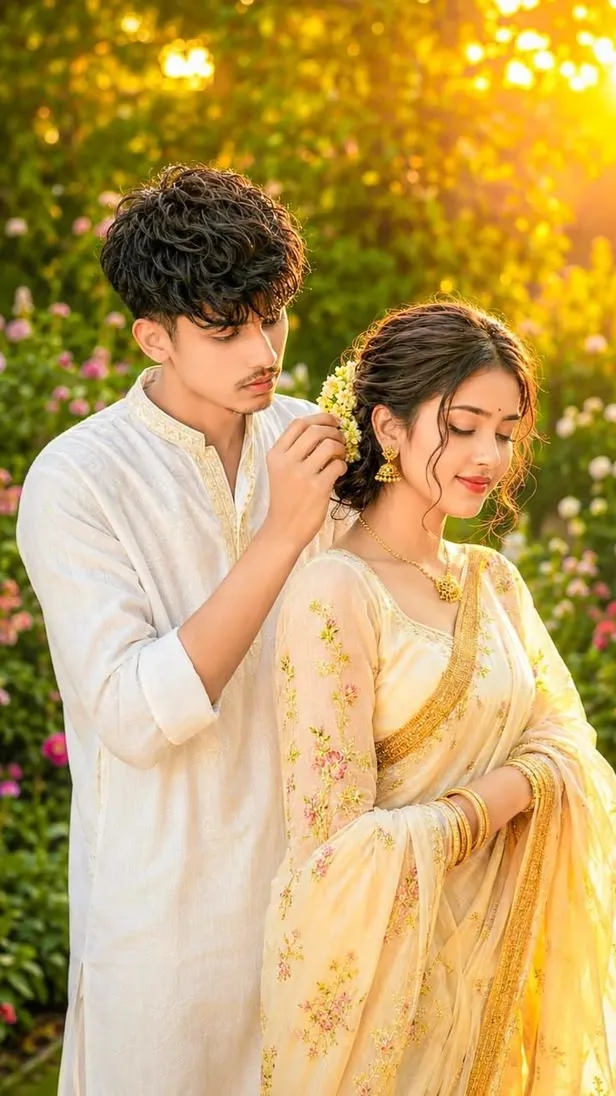 Romantic Golden Hour Portrait of Indian Couple in Traditional Cream Attire
