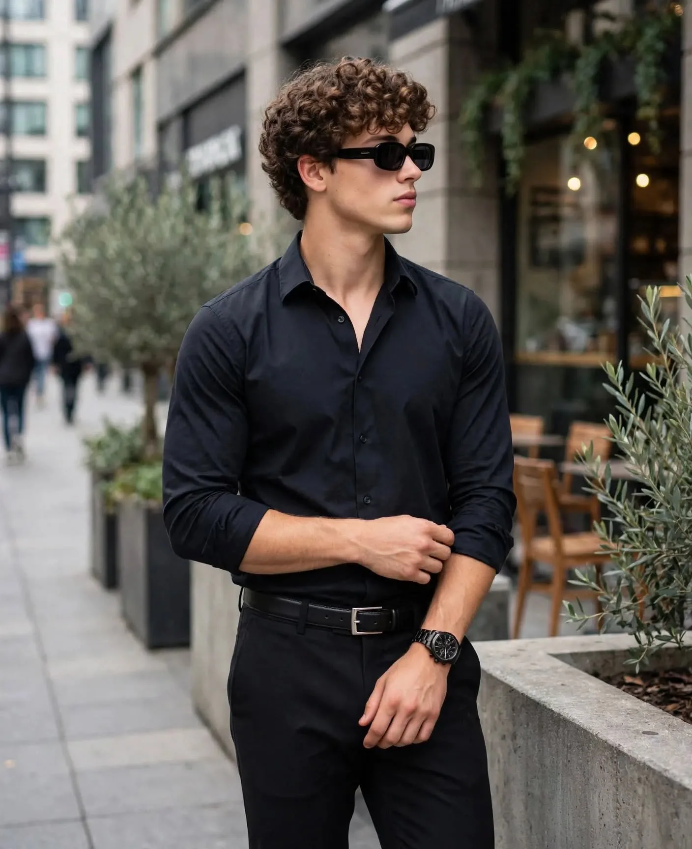 Cinematic Urban Male Portrait - Black Shirt Cafe Look