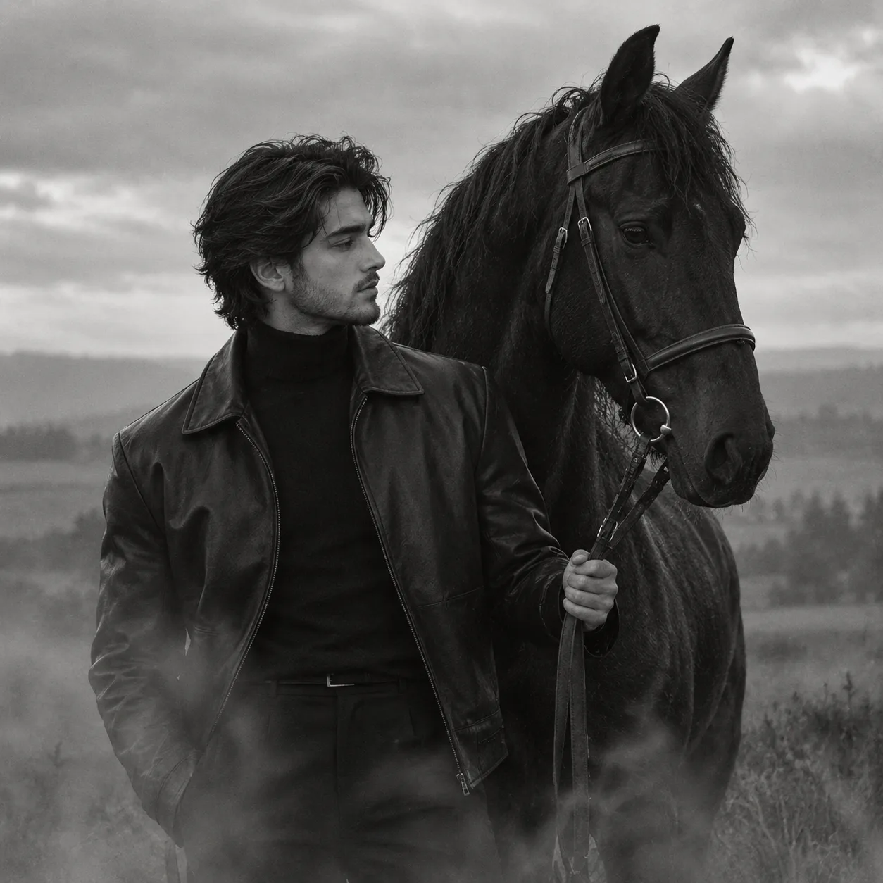 Misty Equestrian Portrait in Monochrome