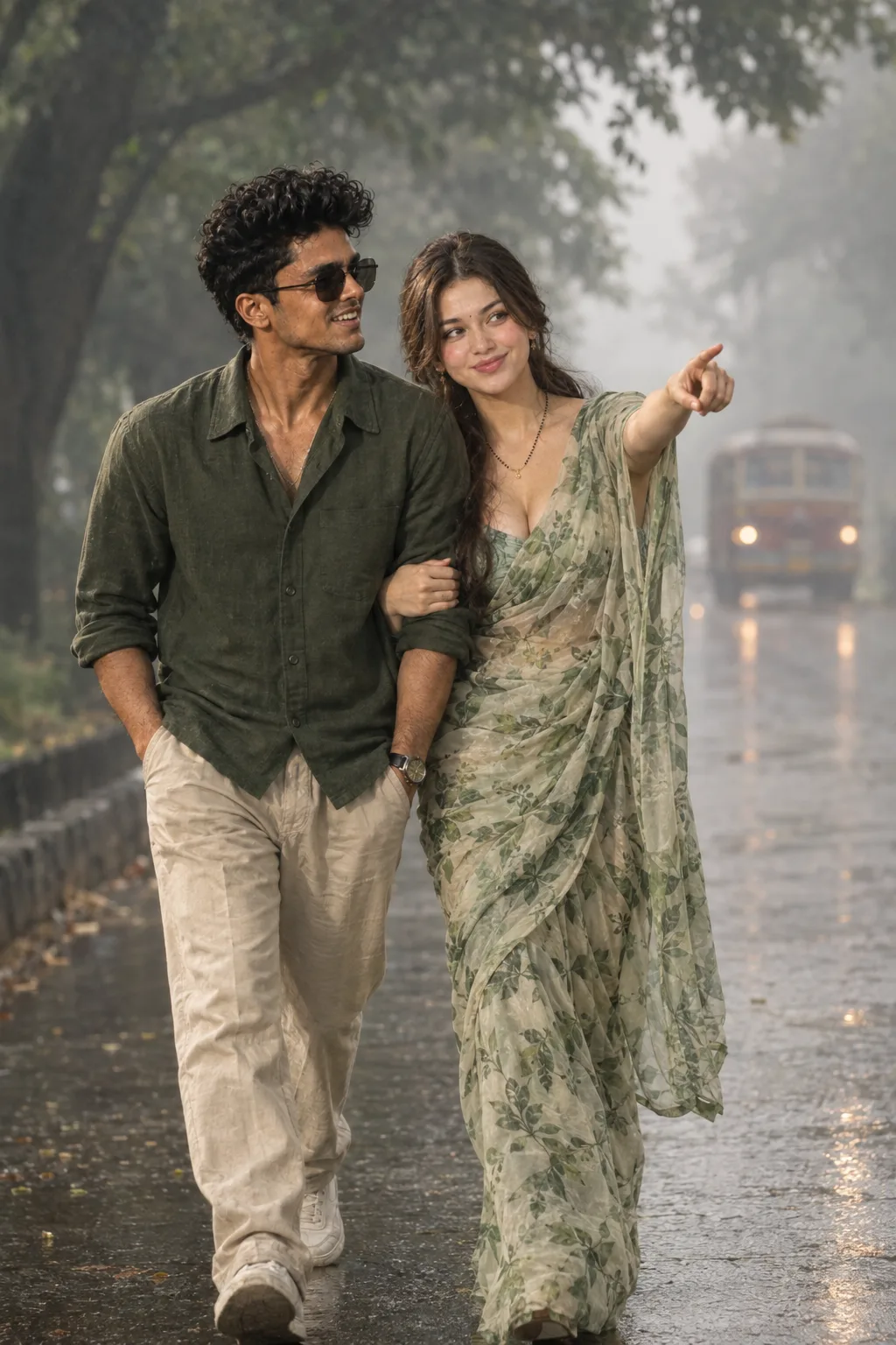 Monsoon A couples walking arm in arm down a foggy