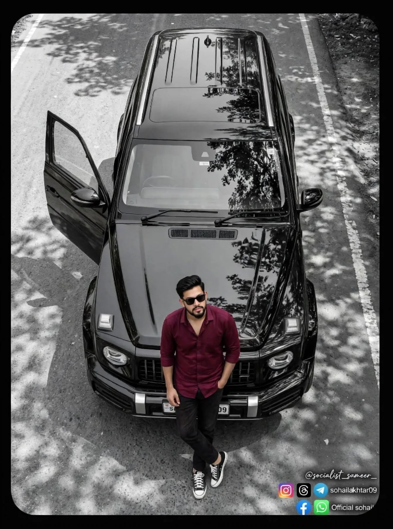Black SUV Top-Down Portrait, Maroon Shirt Selective Color